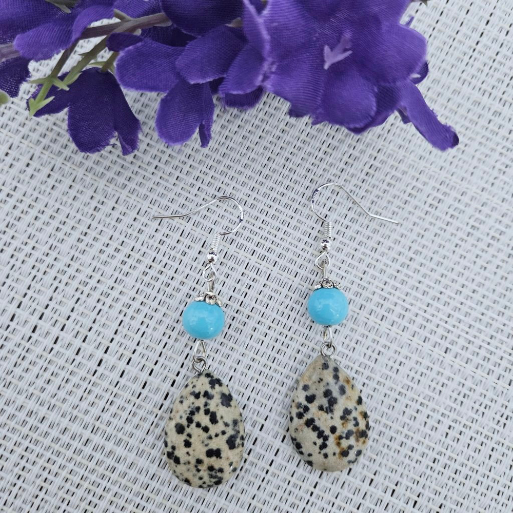 Dalmatian Stone Turquoise Beaded Teardrop Women's Earrings